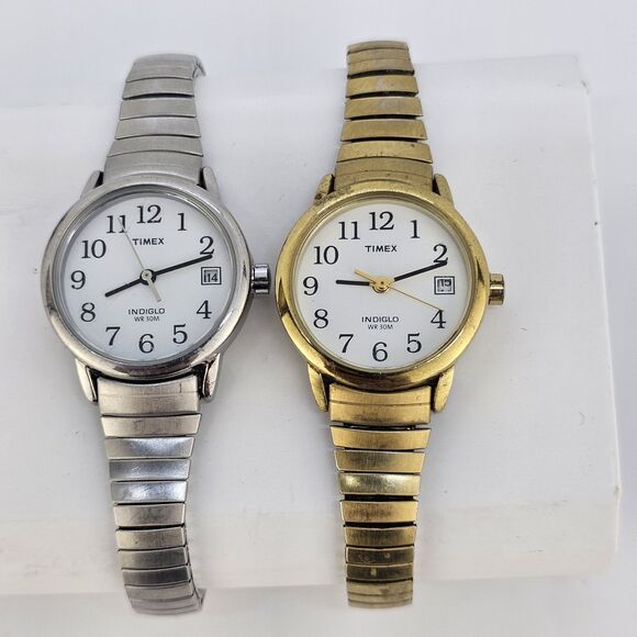 2X Timex Women's Watch 25MM Gold Gray Tone Bracelet Band Date New Battery - Picture 1 of 15